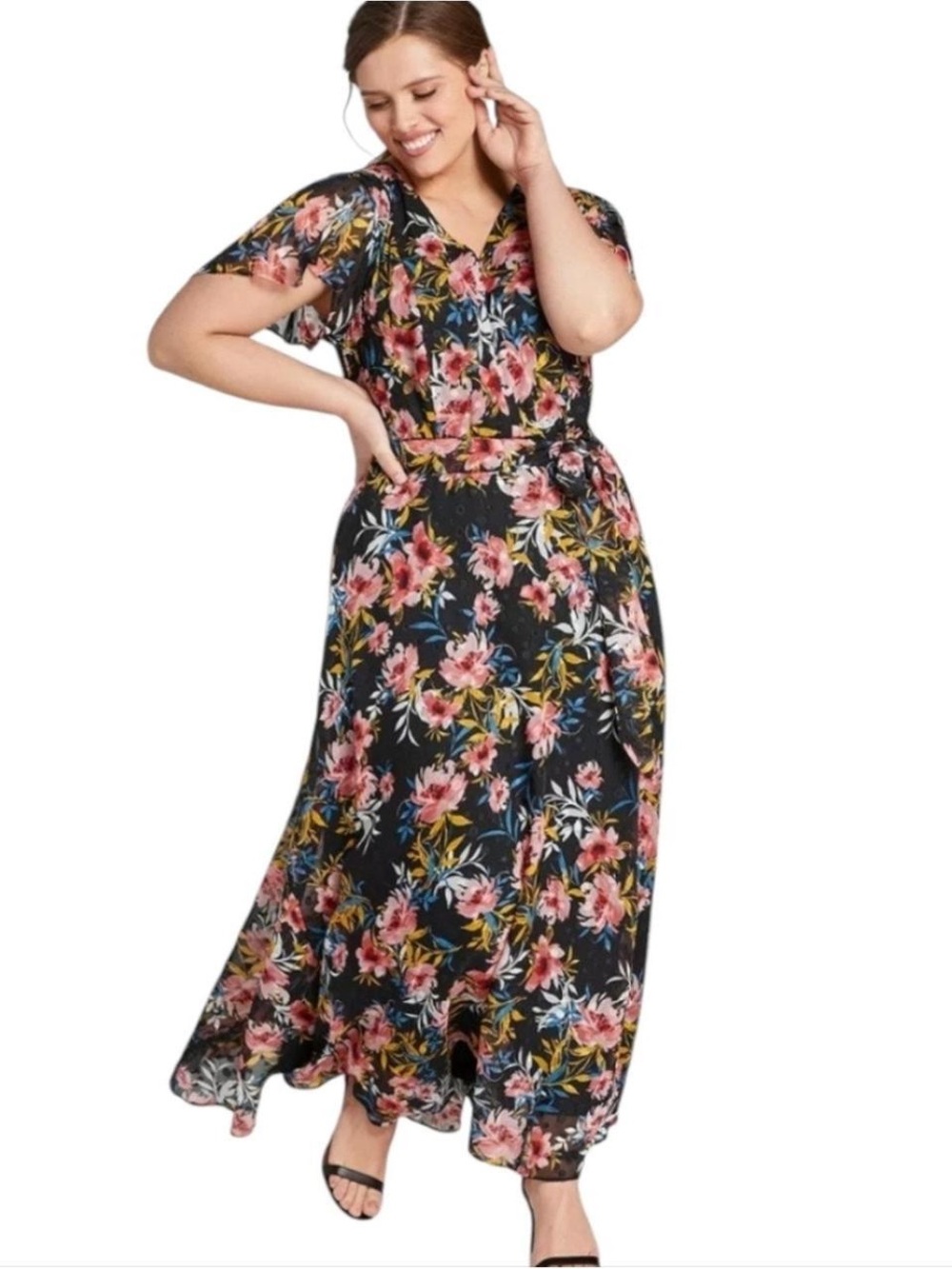 Lane Bryant Floral Black Flutter Textured Maxi Dress